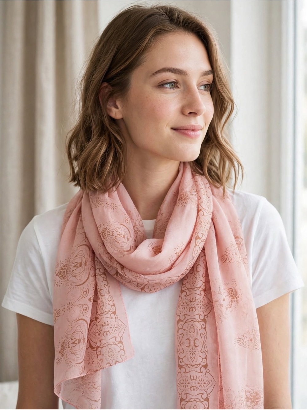 Chiffon Blush Pink & Brown Paisley Hair Wrap Scarf Turban 27x68 Extra Long